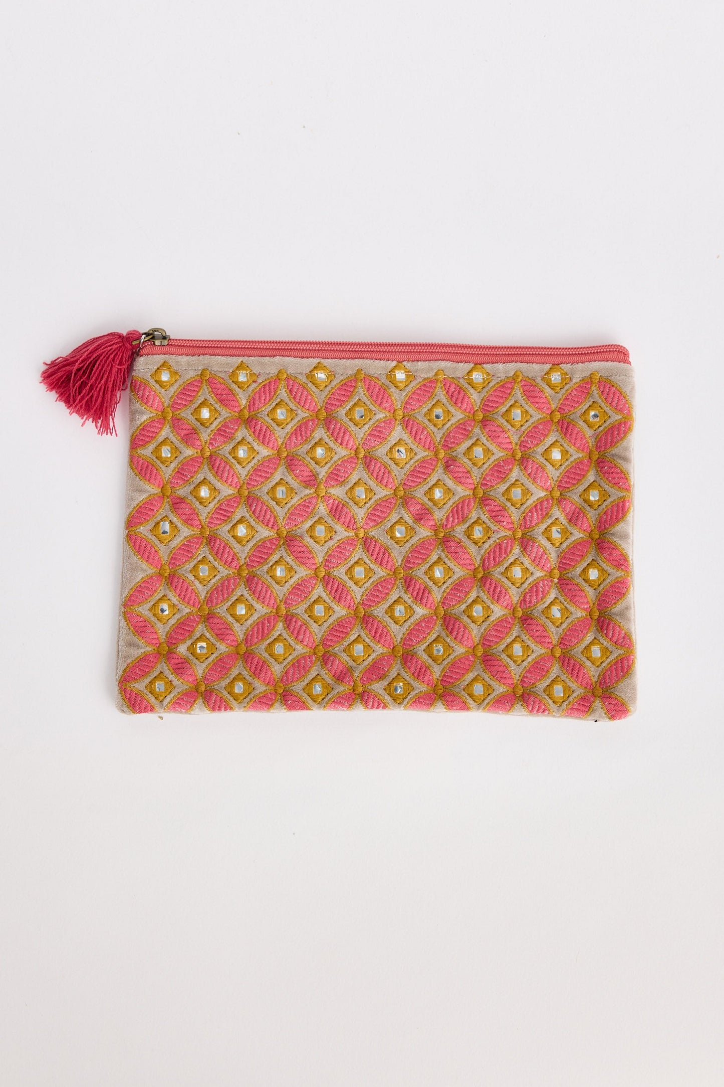 Patterned pouch with a tassel on a white background