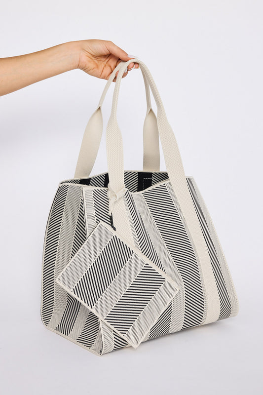 Bellagio Tote Bag - Black tote bag in black with geometric weave, front view on white background
