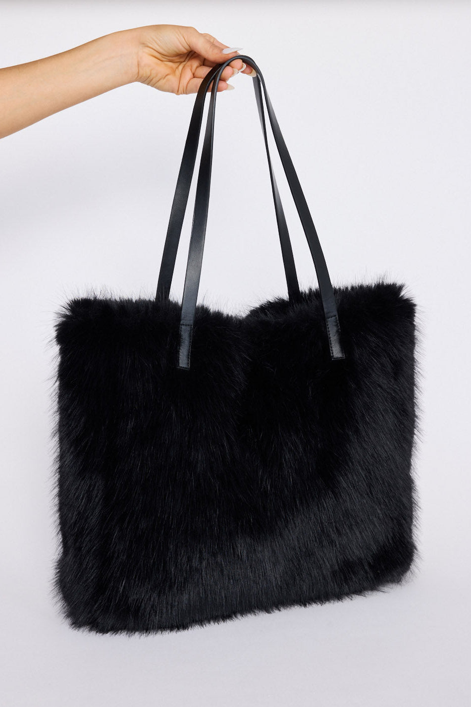Luna Tote Bag - Black tote bag in black with faux fur texture, front view on white background