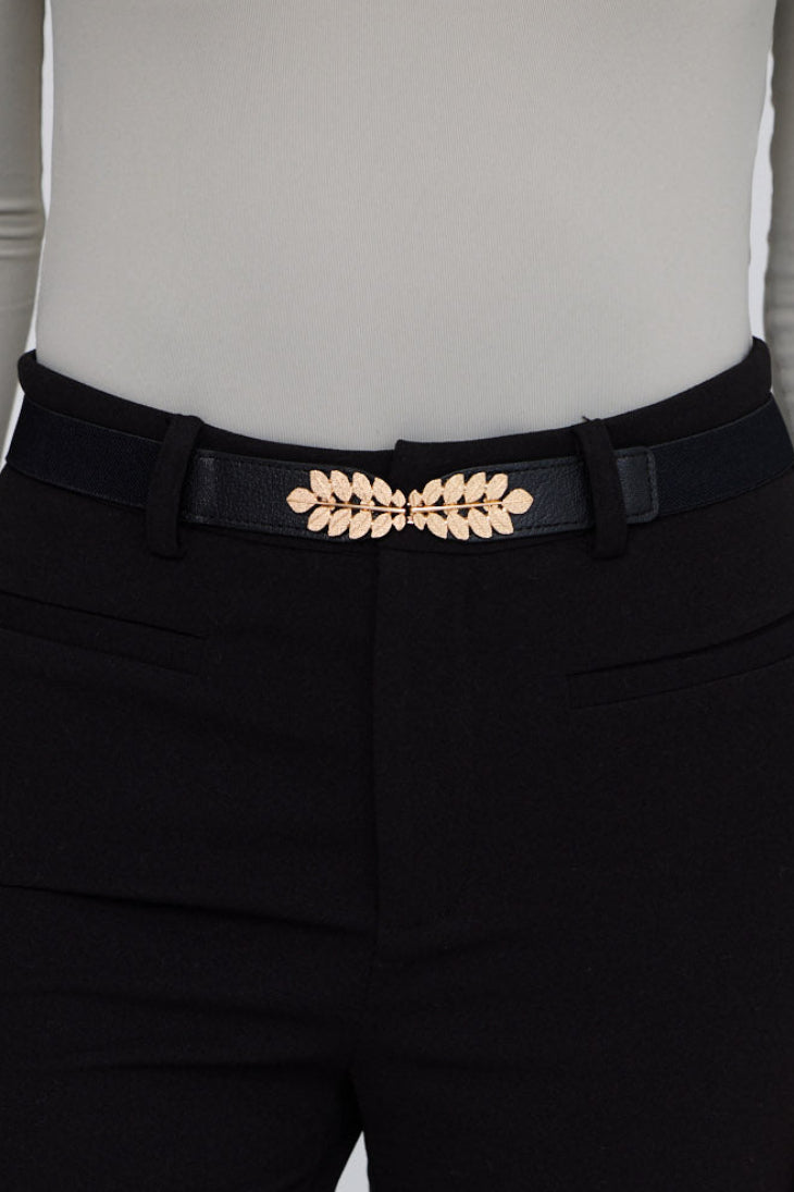 Mae Stretch Belt - Black belt in black with statement buckle detail, alternate view on white background