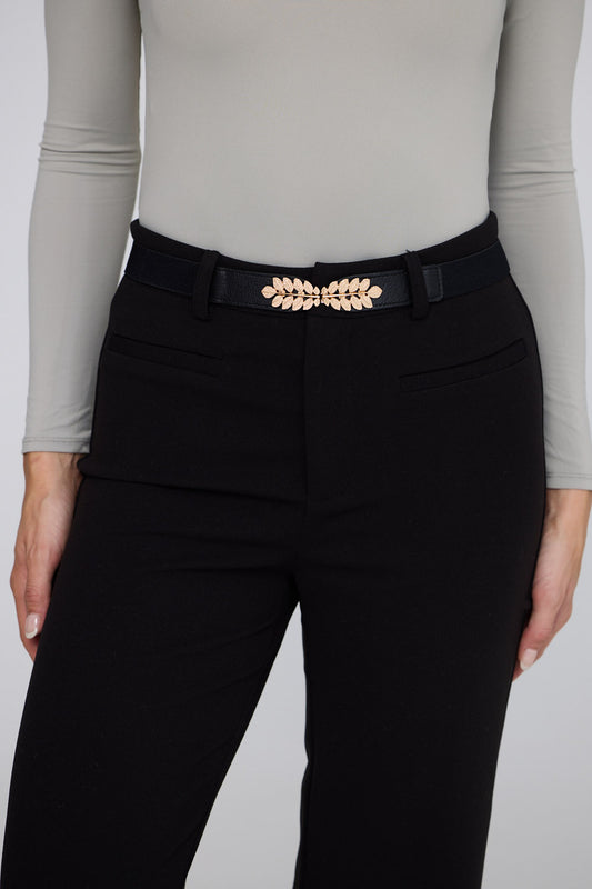 Mae Stretch Belt - Black belt in black with statement buckle detail, styled view on white background