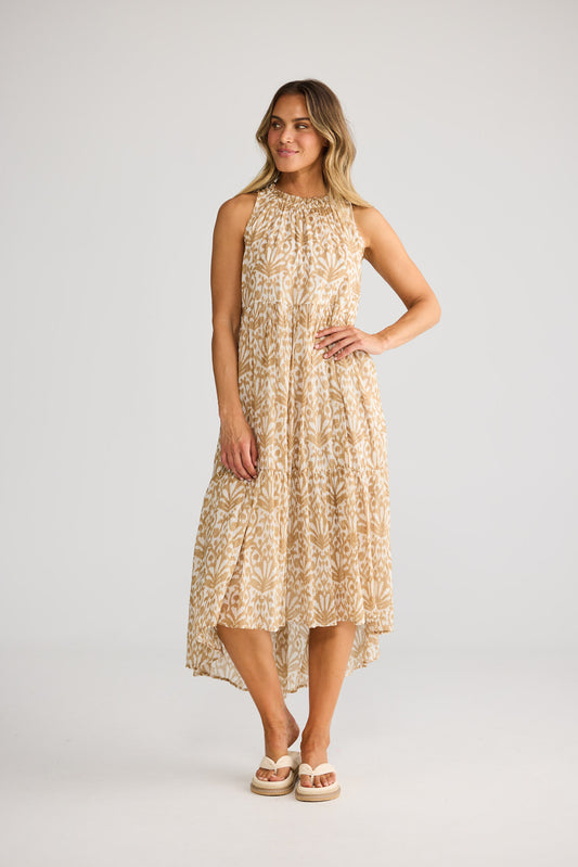 Margot Dress in Taupe Spring Fan with loose fit.