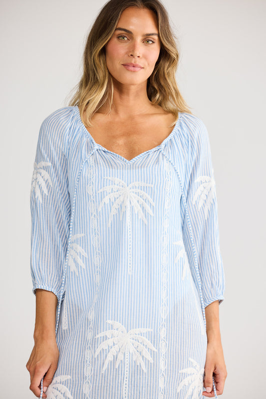 Ohana Dress in Blue Stripe with round neckline with neck ties.