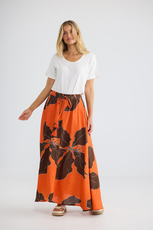 Carousel Skirt in Hibiscus Breeze with elasticated waist with drawstring and tassels.
