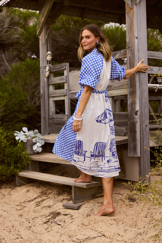 Somara Dress in Blue Check with Villa Print, featuring button front opening.