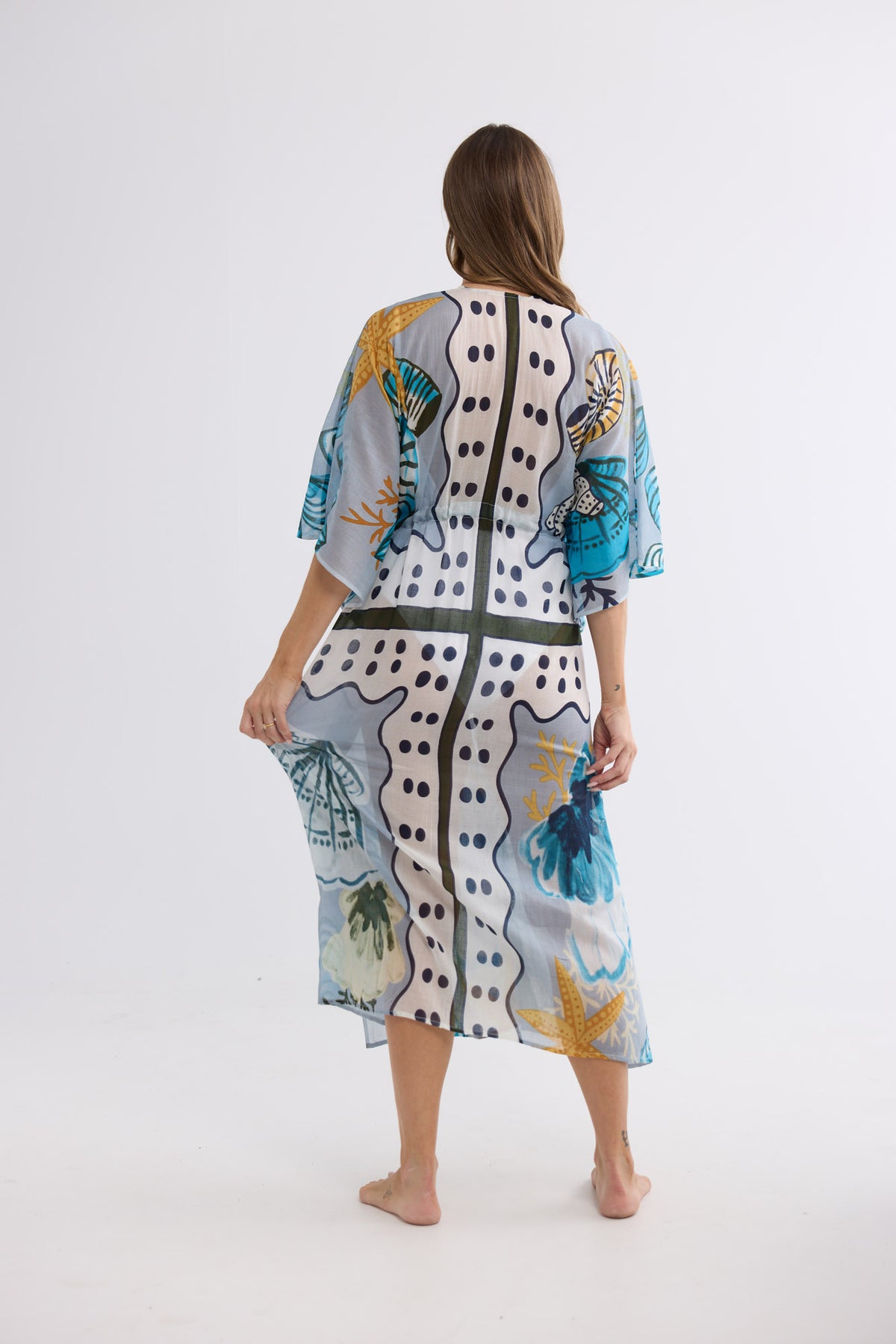 Asta Long Kaftan in Starfish Dreams with a flowing long silhouette.