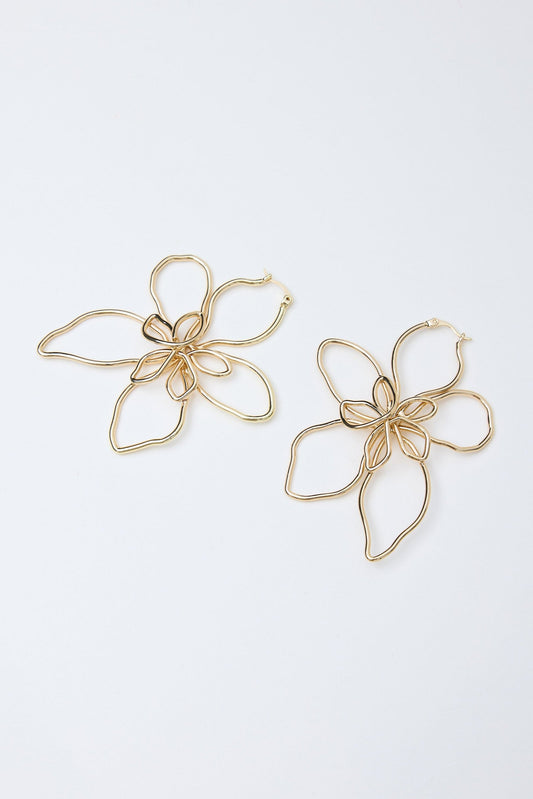 Pair of gold flower-shaped earrings on a white background