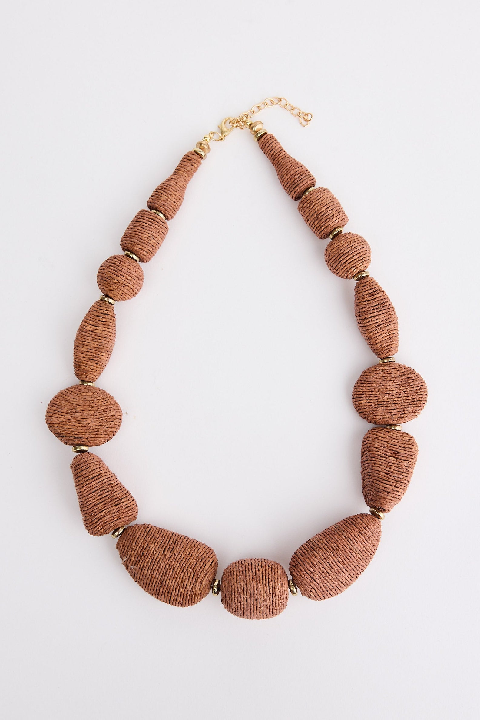 Brown beaded necklace on a white background