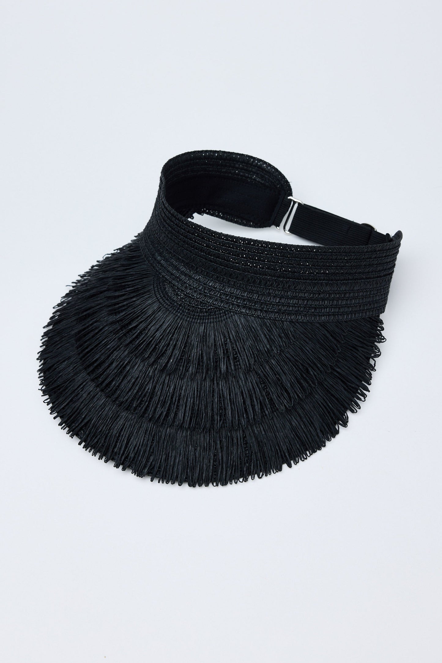 Black fringed visor on a white background