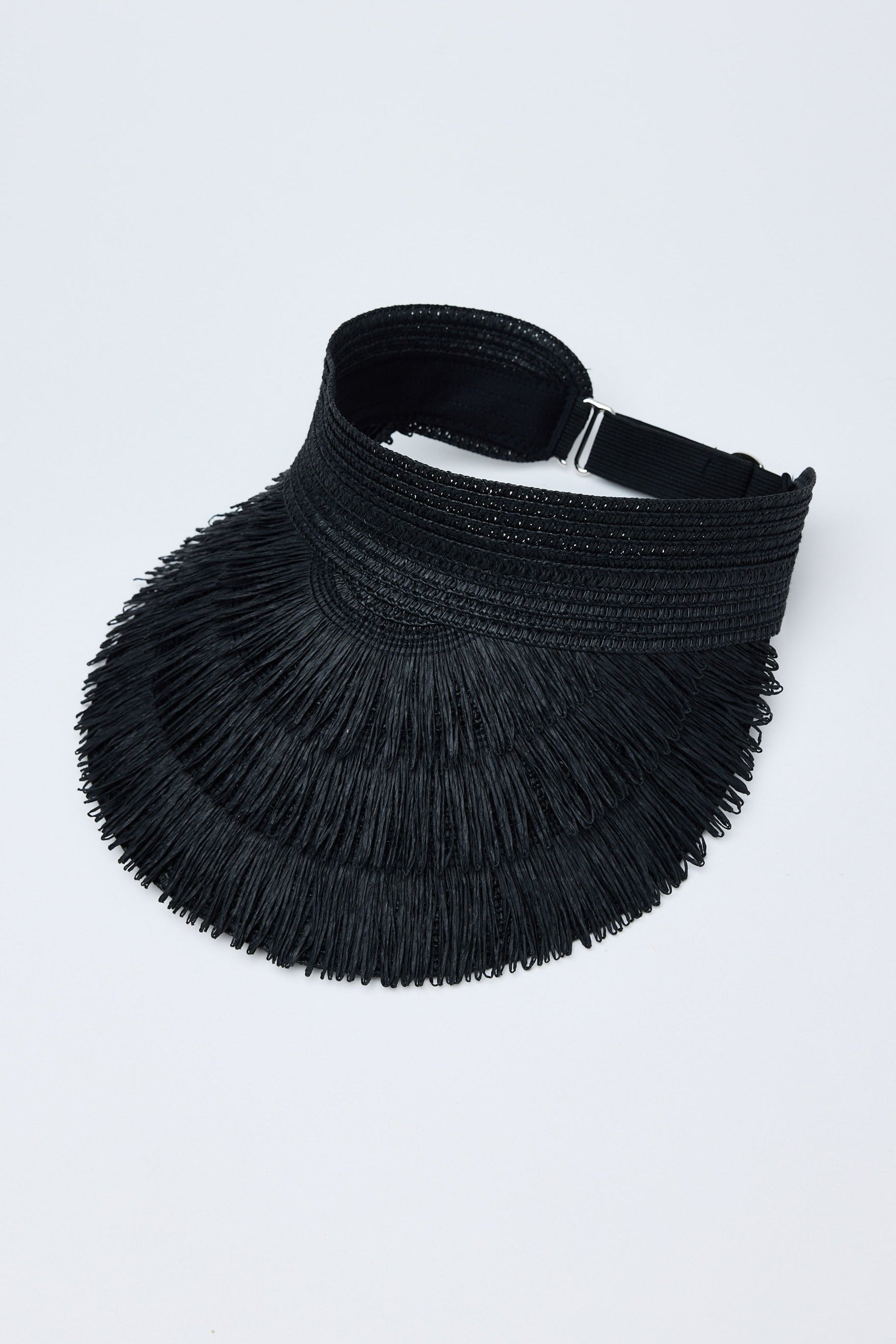 Black fringed visor on a white background