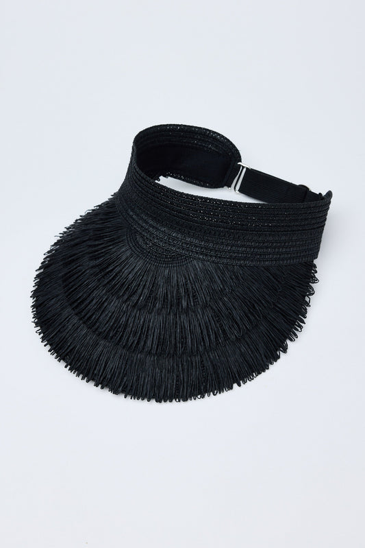 Black fringed visor on a white background