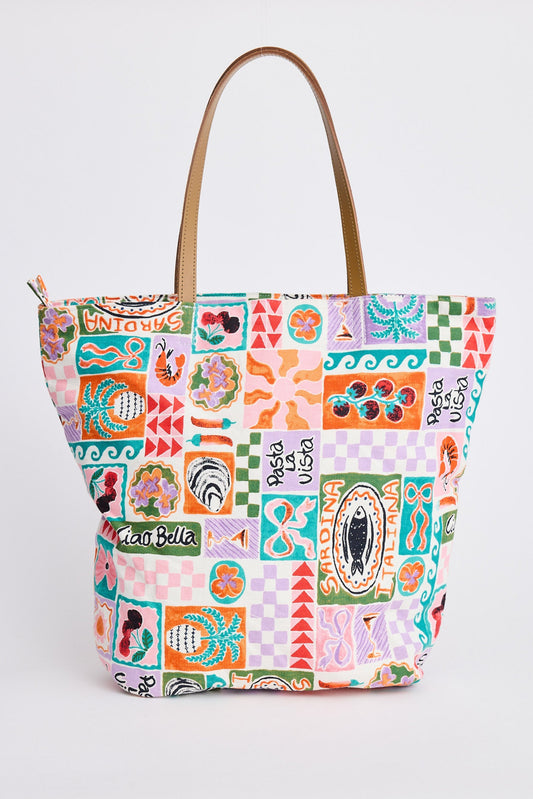 Colorful patterned tote bag on a white background
