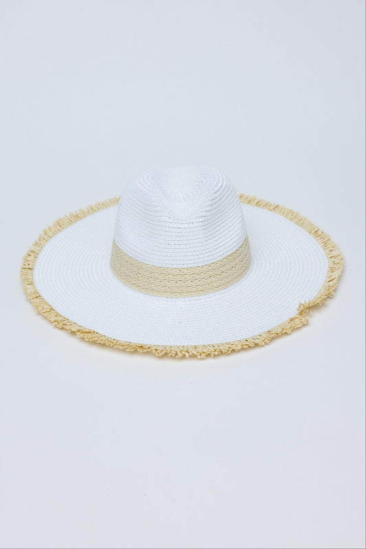 White sun hat with a natural band on a light gray background