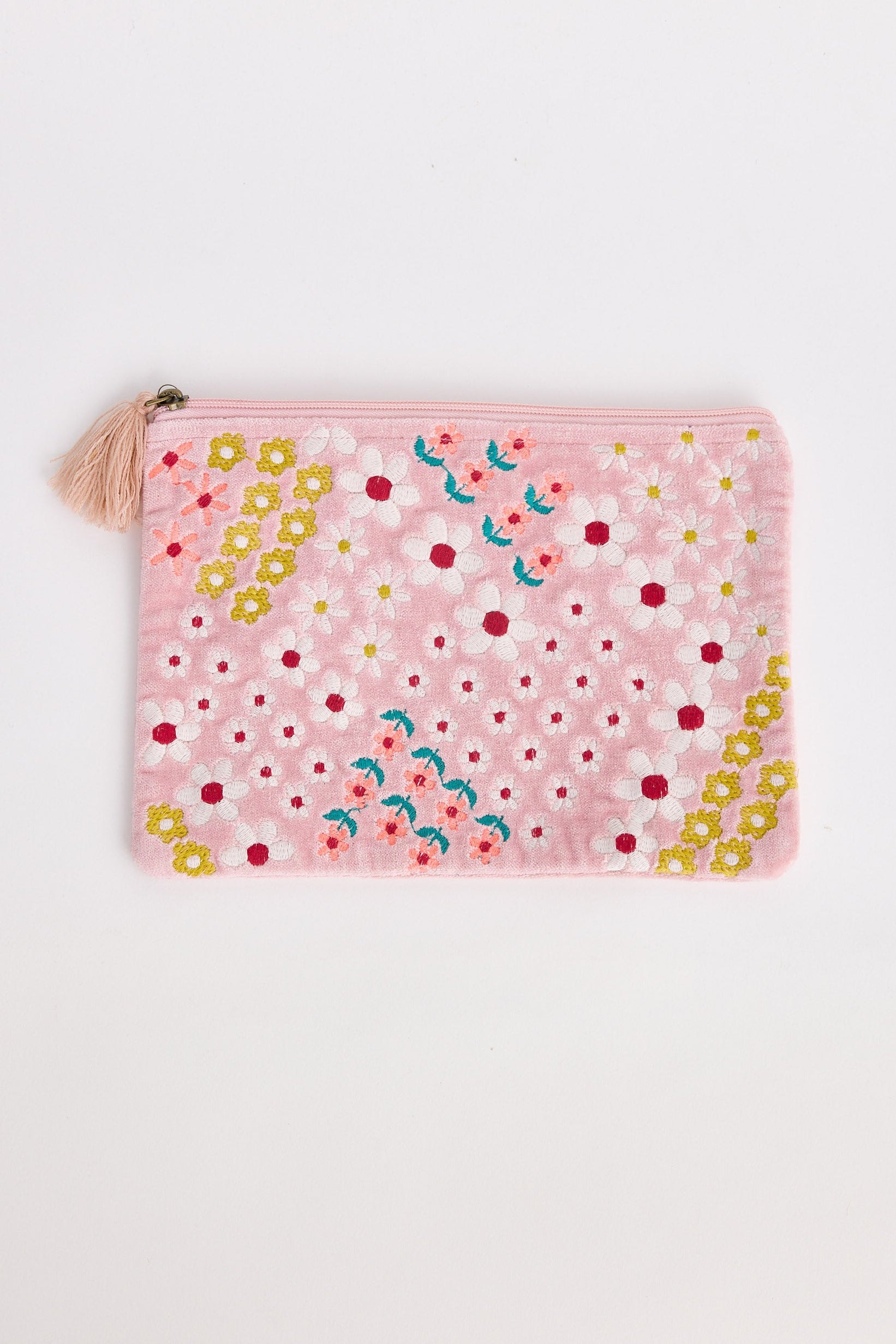 Pink pouch with colorful floral pattern on a white background