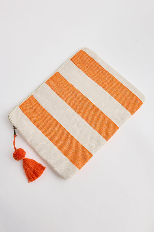 Striped pouch with orange and white colors on a light gray background