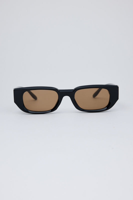 Black sunglasses with brown lenses on a white background