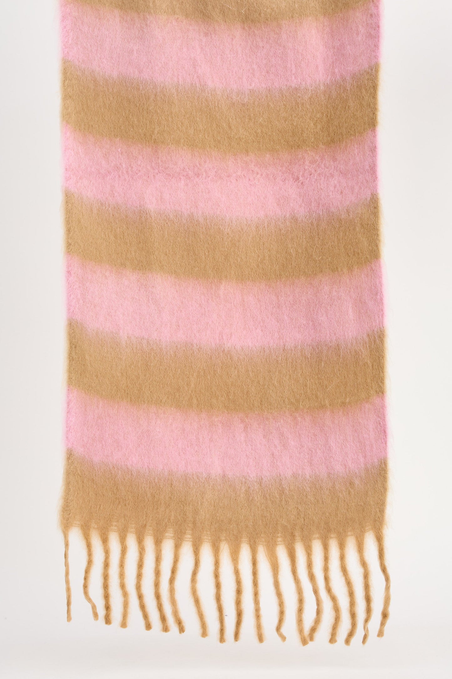 Striped scarf with pink and beige colors on a white background