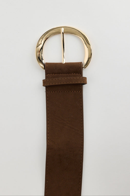 Brown belt with a gold buckle on a light gray background