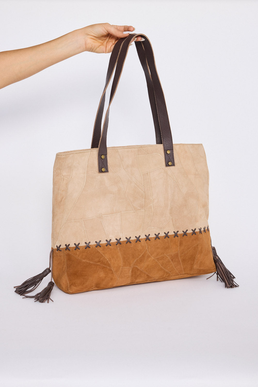 Wildside Hand Bag - Camel W Tan bag in camel with tan with textured finish, front view on white background
