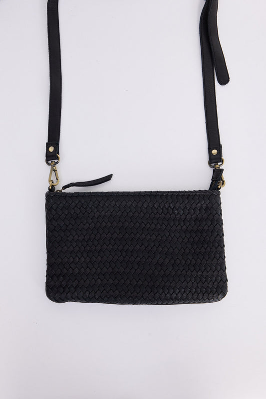 Cassidy Bag - Black bag in black with woven texture, front view on white background