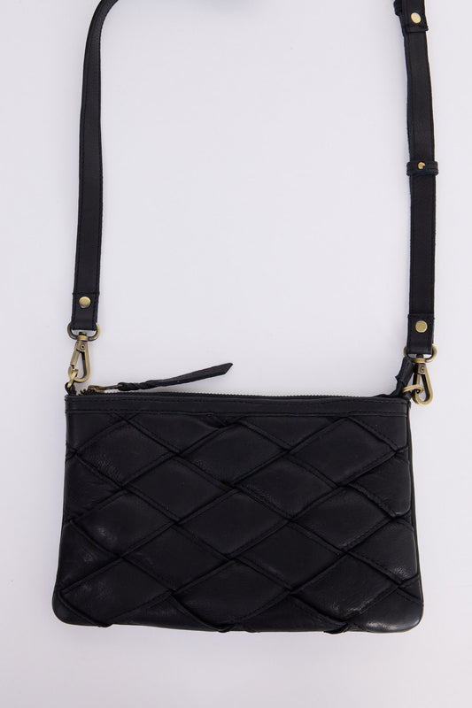 Sicily Bag - Black bag in black with woven texture, front view on white background
