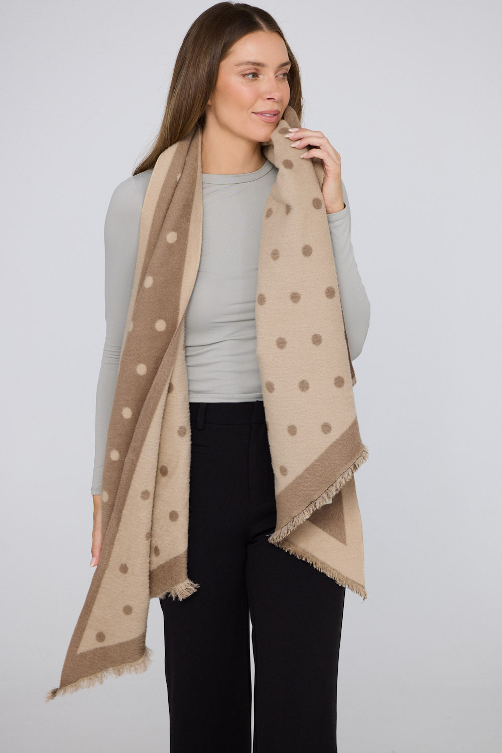 Gallery Scarf - Taupe scarf in taupe with polka dot design, alternate view on white background