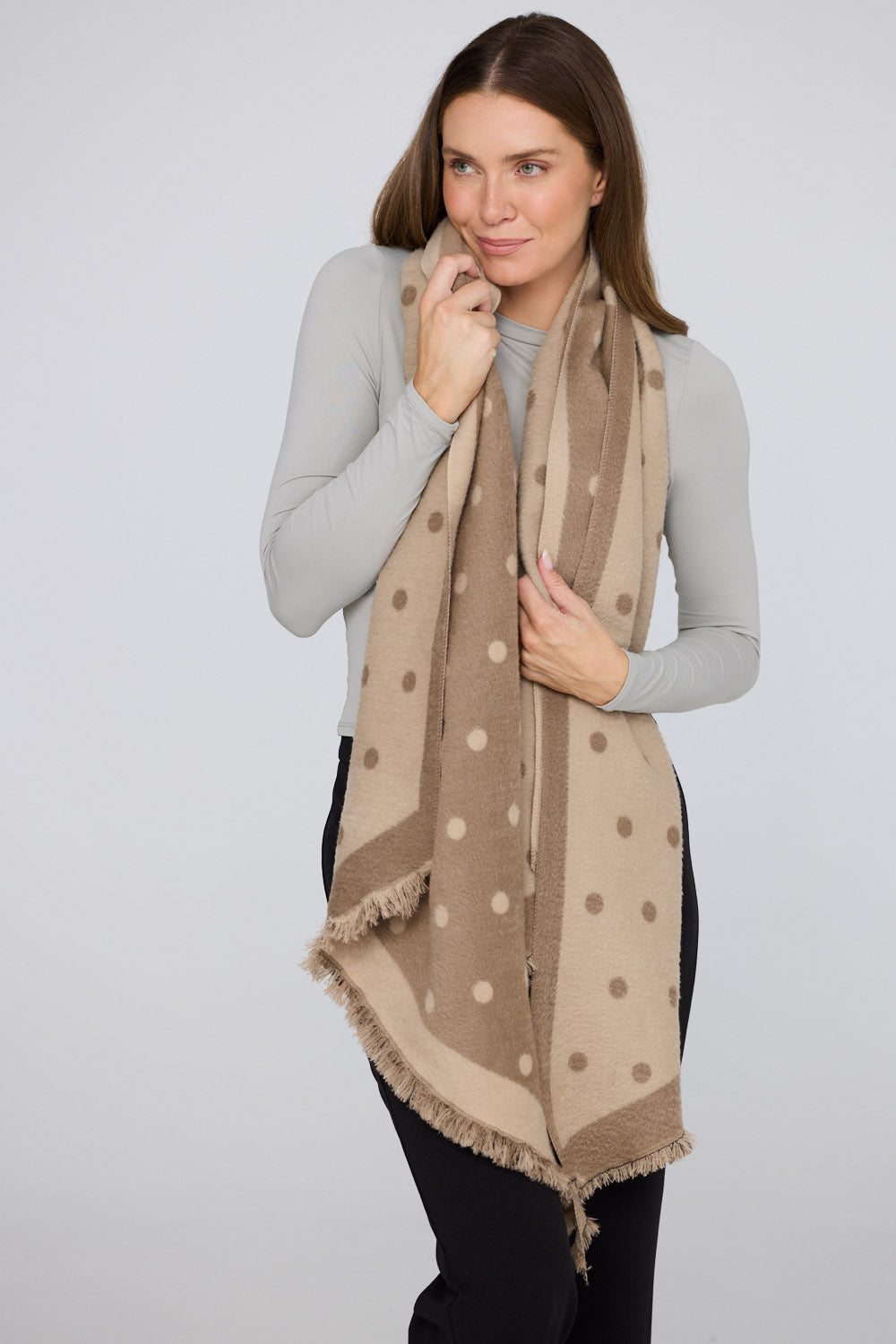 Gallery Scarf - Taupe scarf in taupe with polka dot design, detail view on white background
