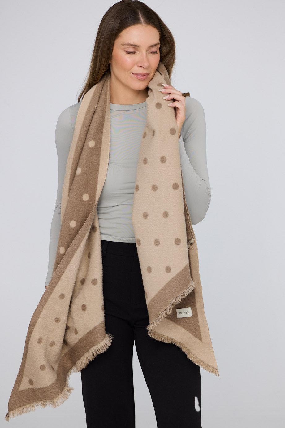 Gallery Scarf - Taupe scarf in taupe with polka dot design, back view on white background
