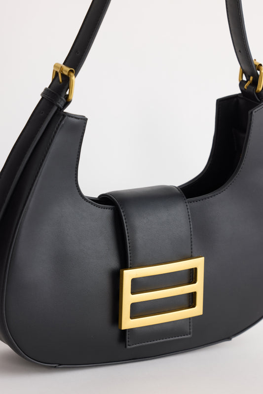Virginia Handbag - Black handbag in black with gold-tone hardware, alternate view on white background