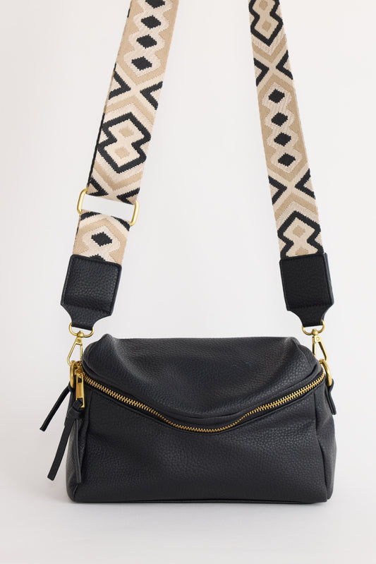 Sloane Crossbody Bag - Black crossbody bag in black with woven texture, front view on white background