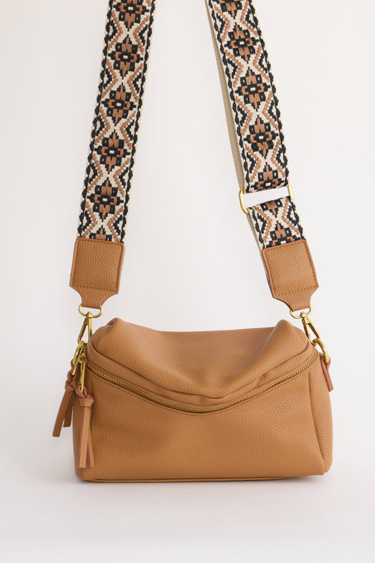 Sloane Crossbody Bag - Tan crossbody bag in tan with woven texture, front view on white background