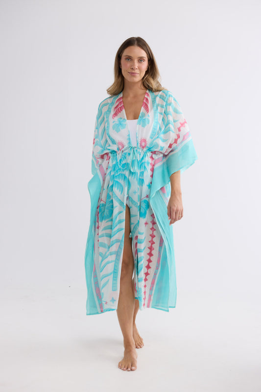 Asta Long Kaftan in Azure Palm with a flowing long silhouette.