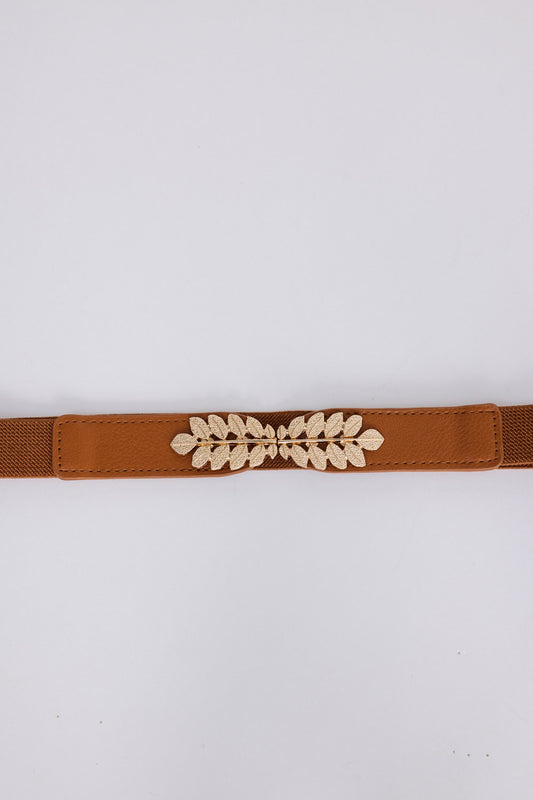 Mae Stretch Belt - Tan belt in tan with statement buckle detail, front view on white background