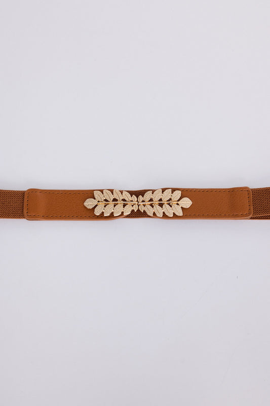 Mae Stretch Belt - Tan belt in tan with statement buckle detail, alternate view on white background