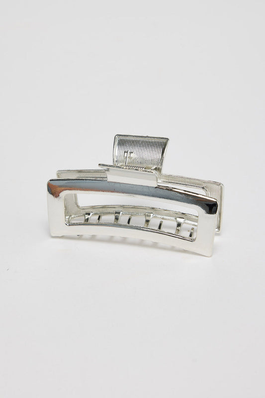 Shelby Hair Claw in silver - front view of the rectangular metal hair claw