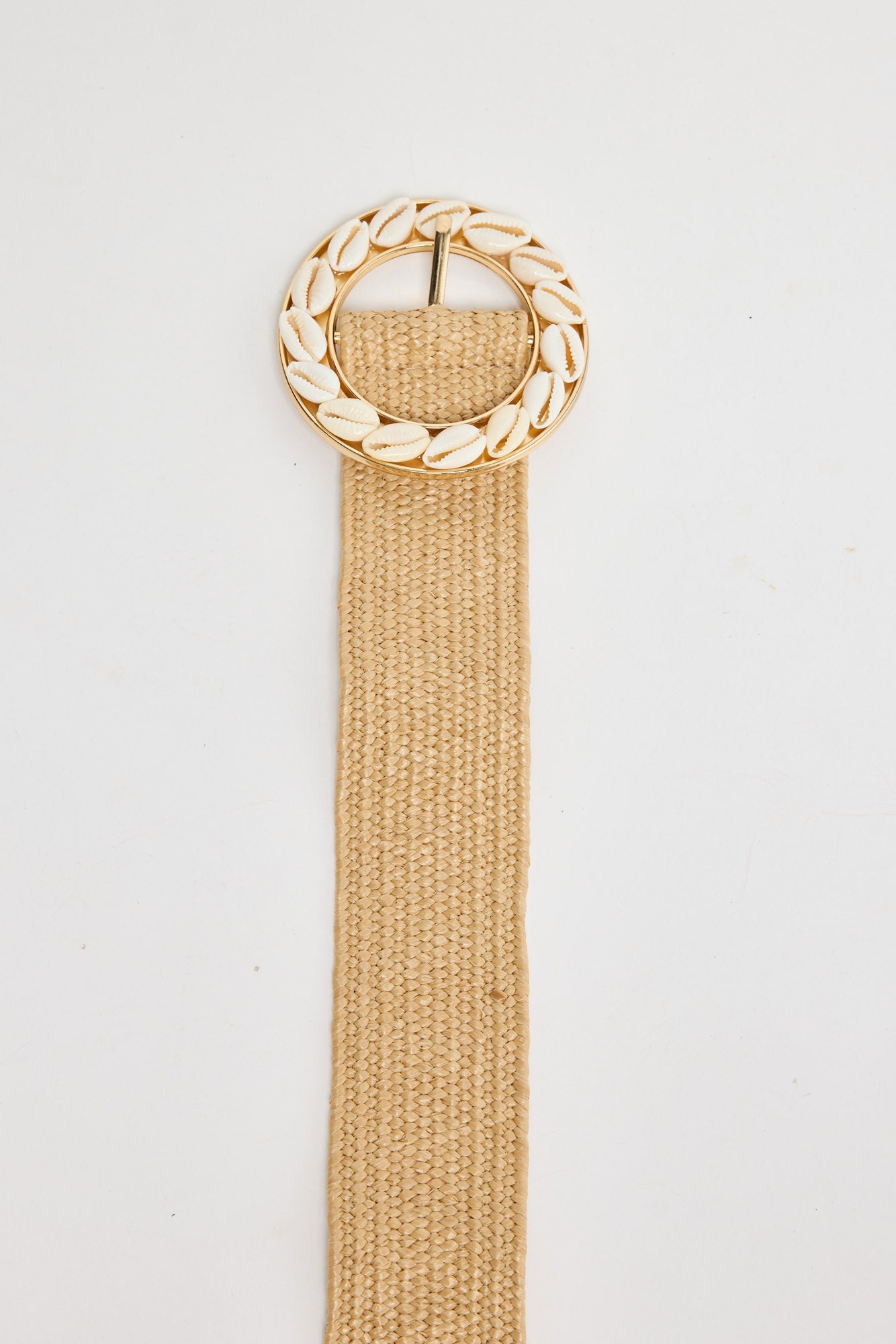 Shelly Belt in natural - beige stretch belt with a gold circular buckle framed in white cowrie shells, flat lay