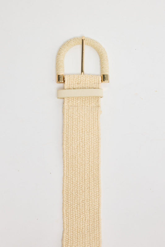 Reid Belt in beige - ivory woven stretch belt with a matching cord-wrapped D-ring buckle, flat lay