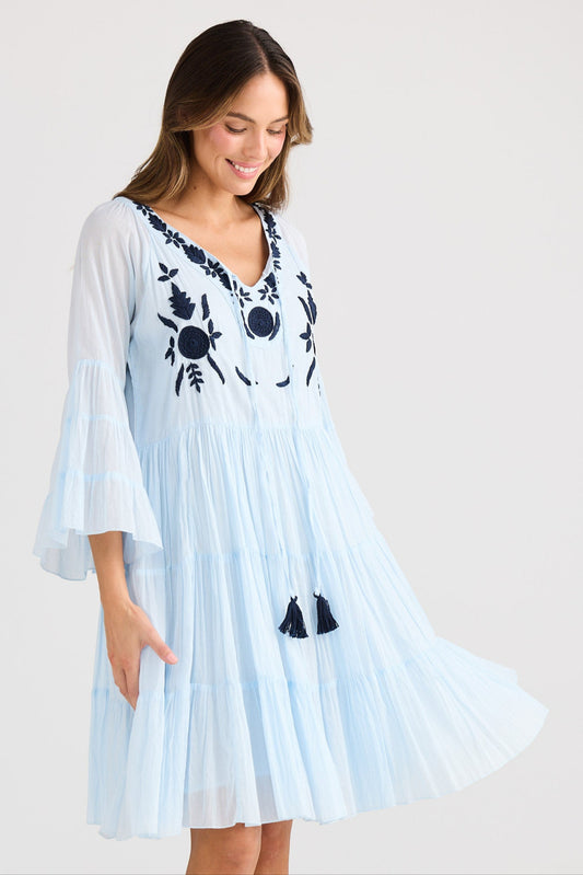 Woman wearing a light blue dress with black floral embroidery on a white background