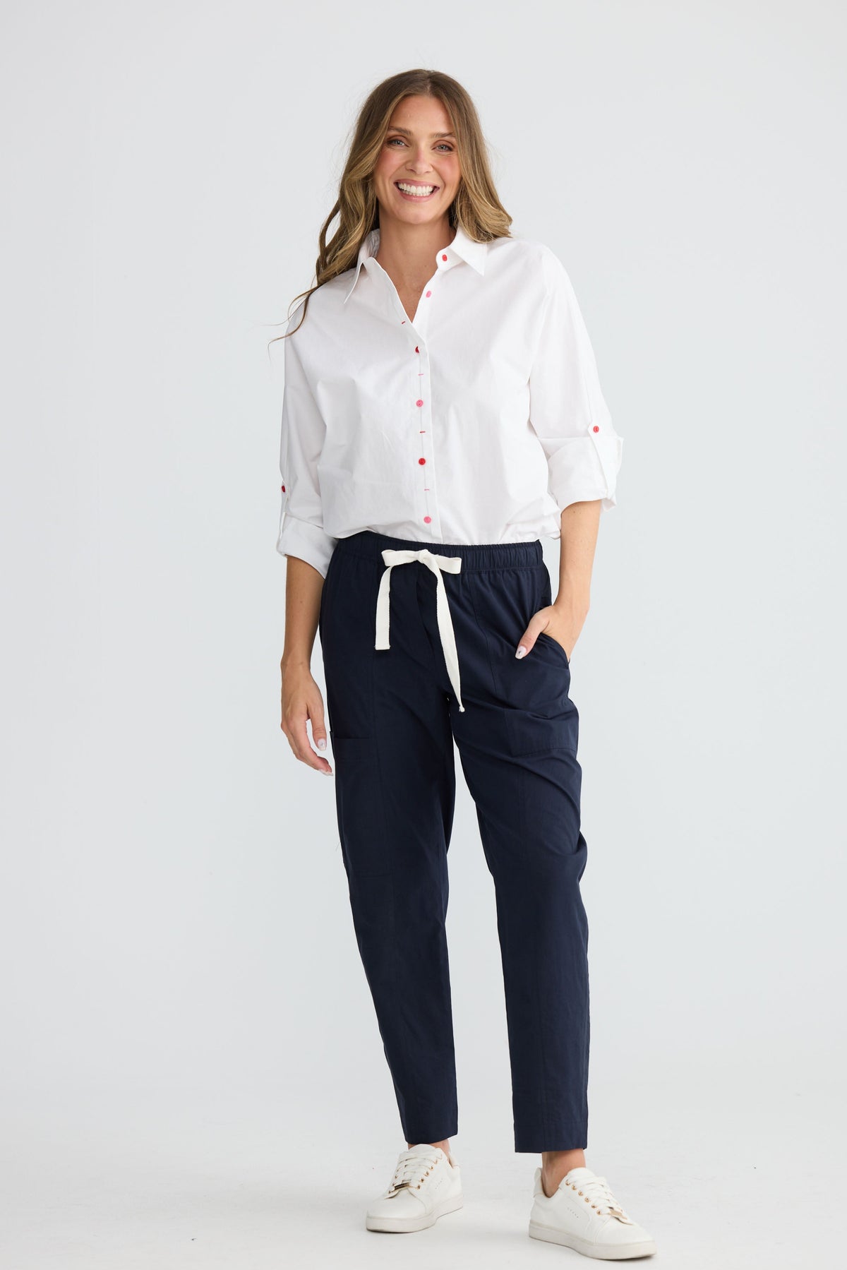 Reva Cargo Pant in Navy with elasticated waistband with tie.