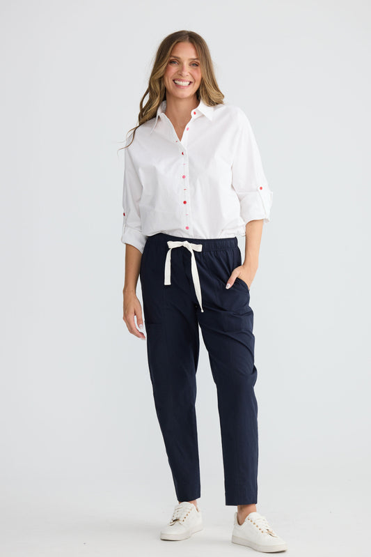 Reva Cargo Pant in Navy with elasticated waistband with tie.