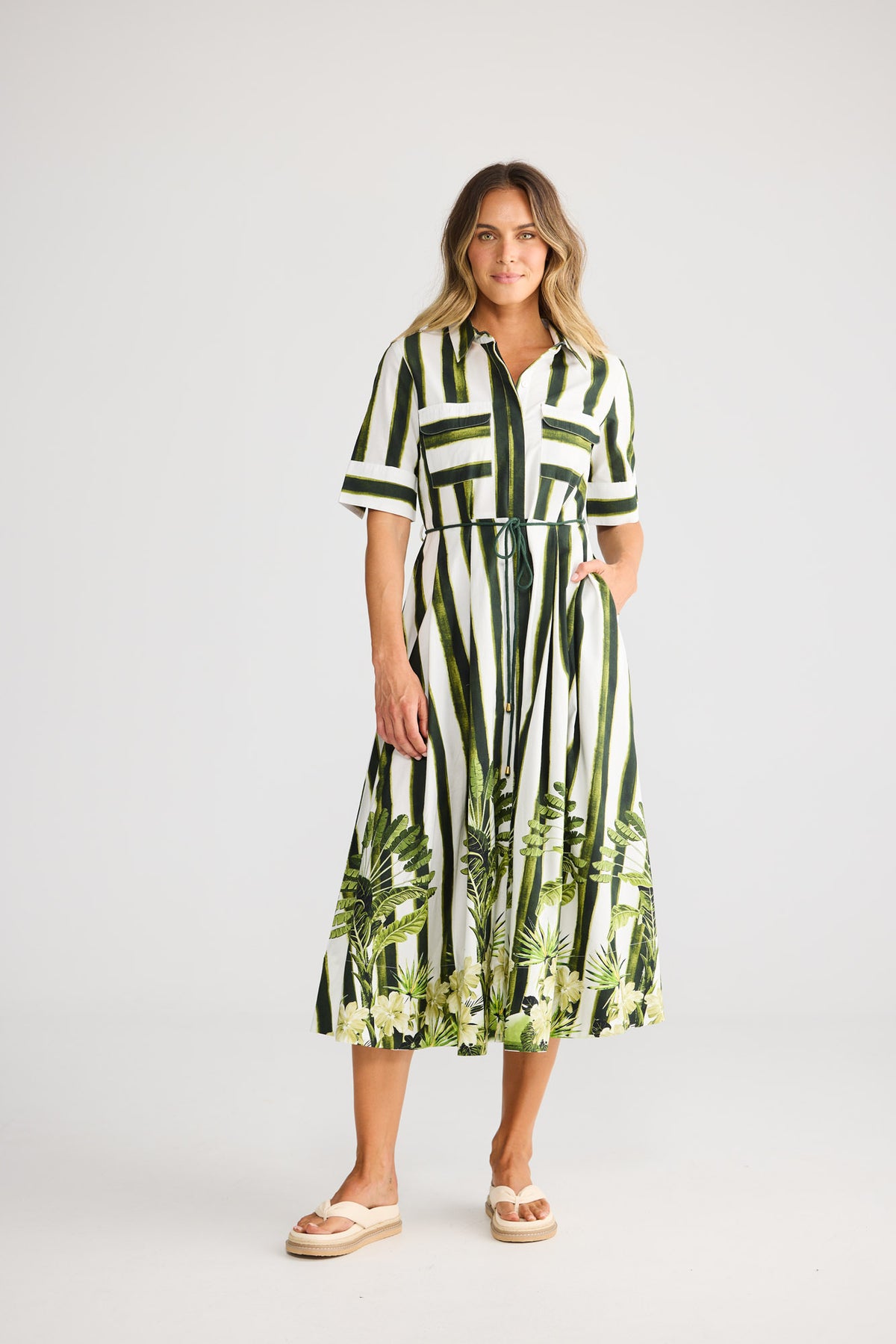 Nalani Dress in Botanica Print with maxi length shirt dress with button front opening.