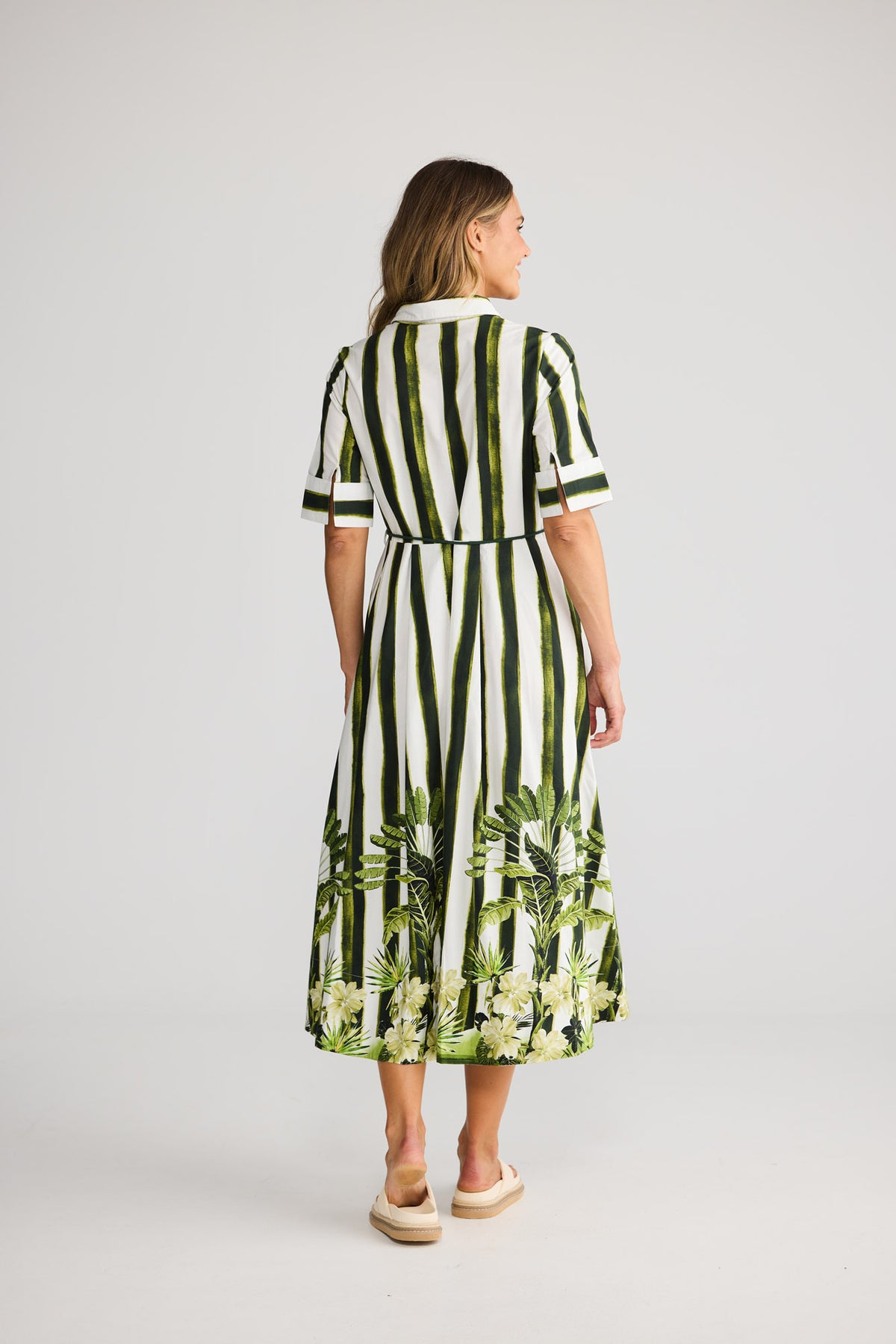 Nalani Dress in Botanica Print with wide cuff with back split.