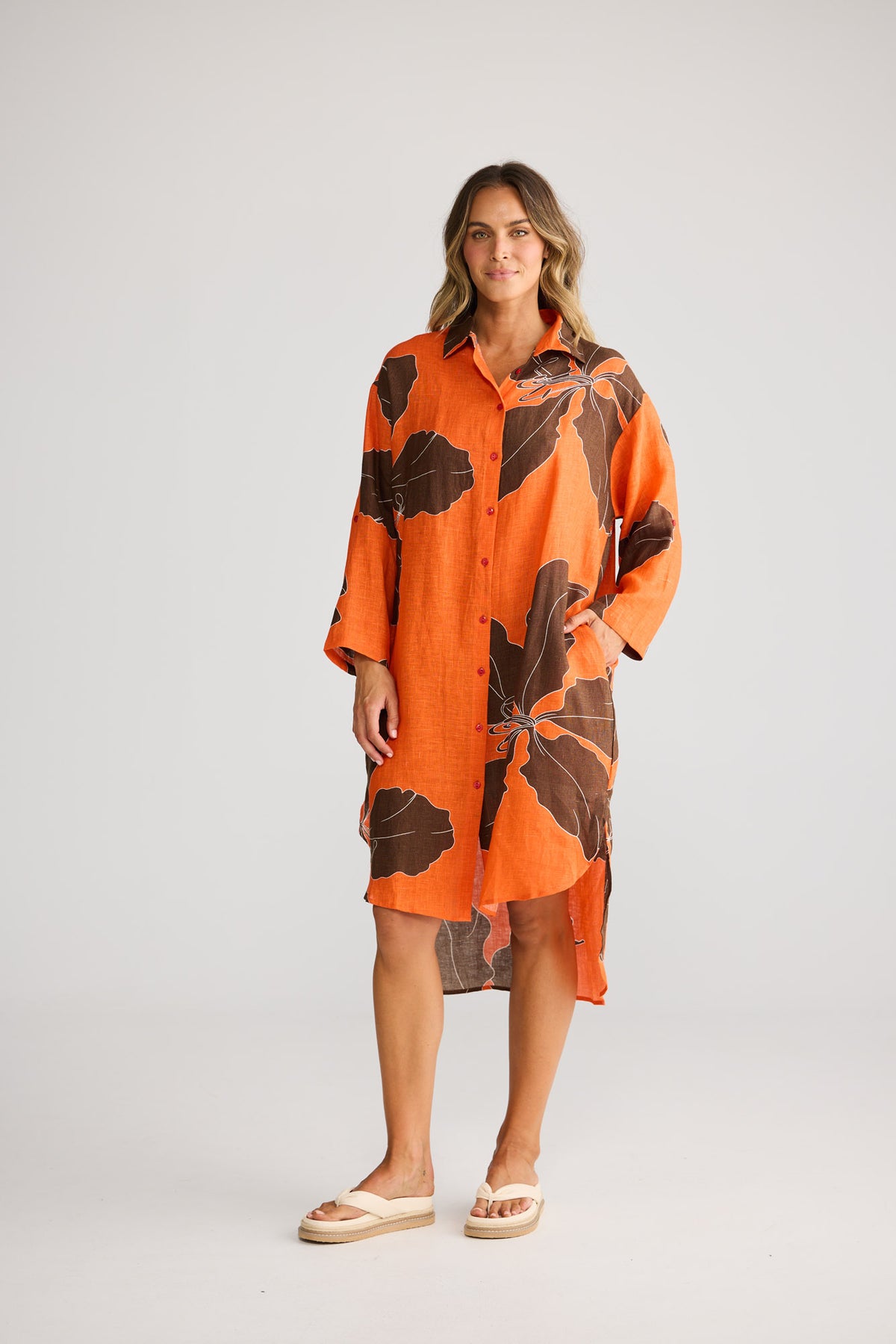 Sunny Overshirt in Hibiscus Breeze with sleeve tab detail.