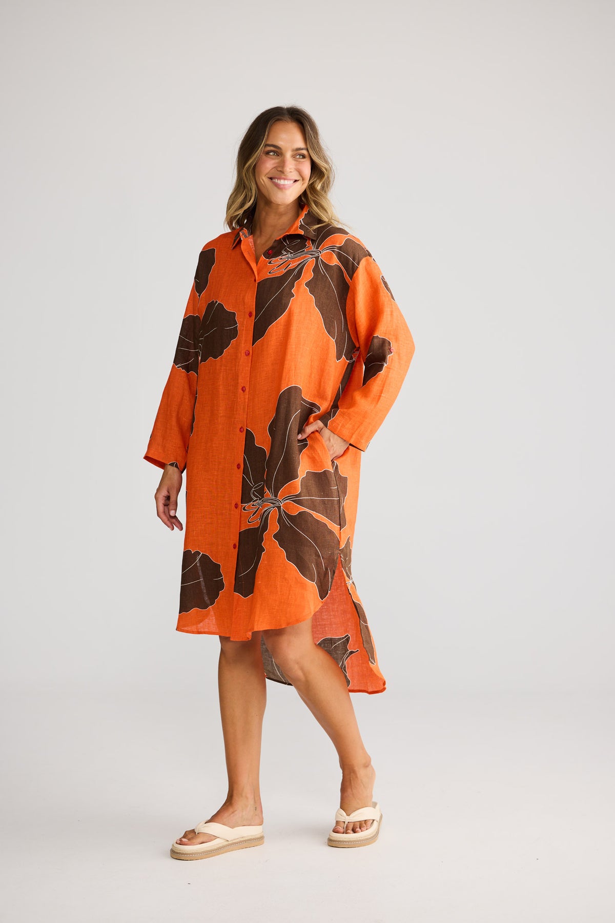 Sunny Overshirt in Hibiscus Breeze with relaxed button front overshirt.