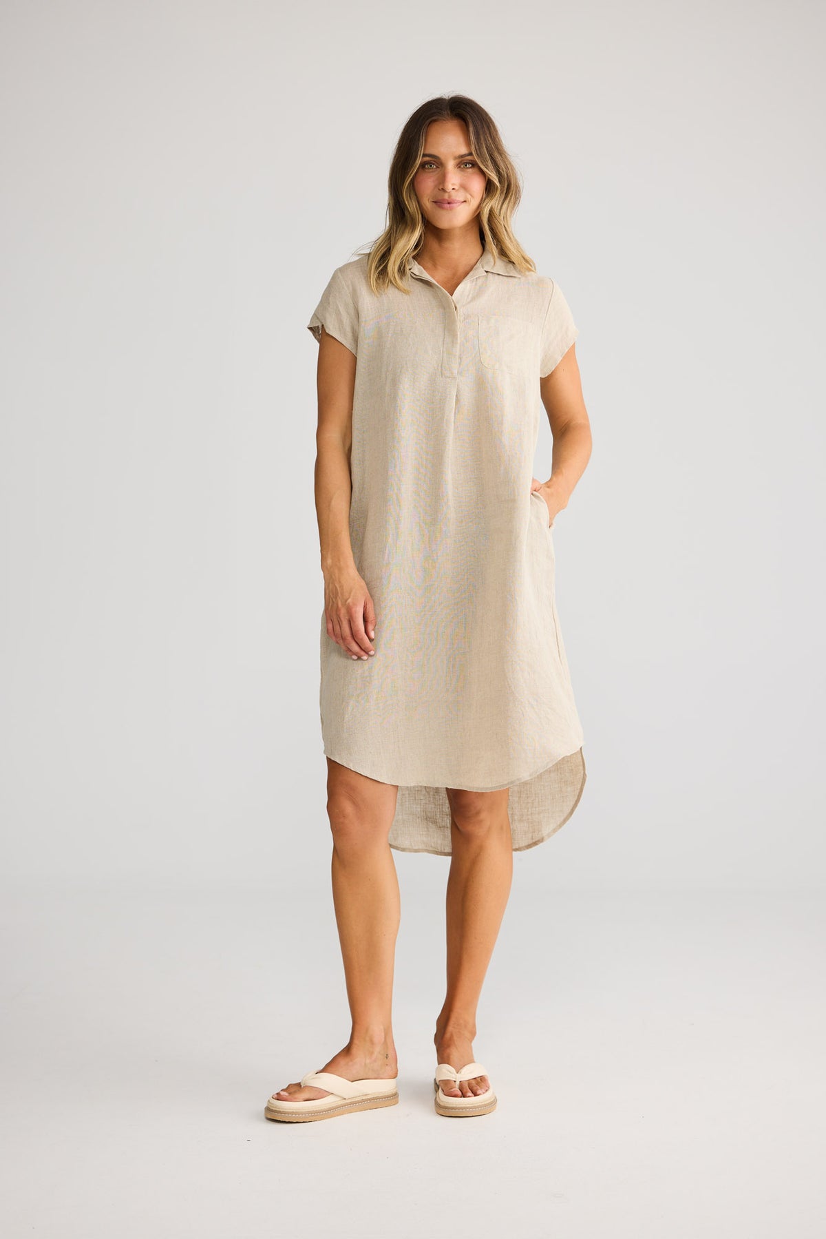 Ahoy Tunic Dress in Natural Linen with collared neckline.