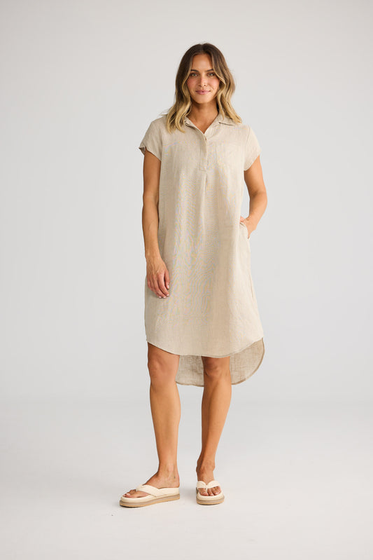 Ahoy Tunic Dress in Natural Linen with collared neckline.