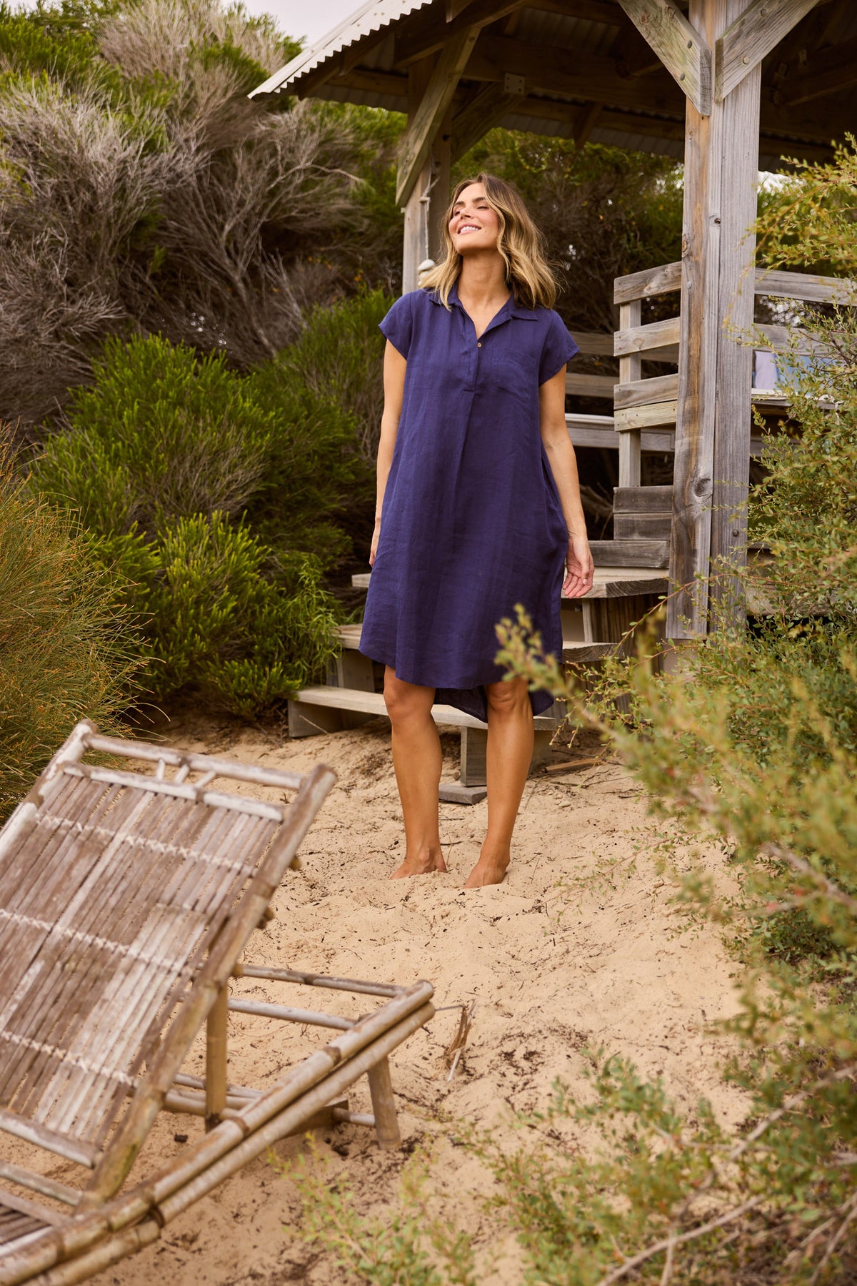 Ahoy Tunic Dress in Navy with cap sleeves.