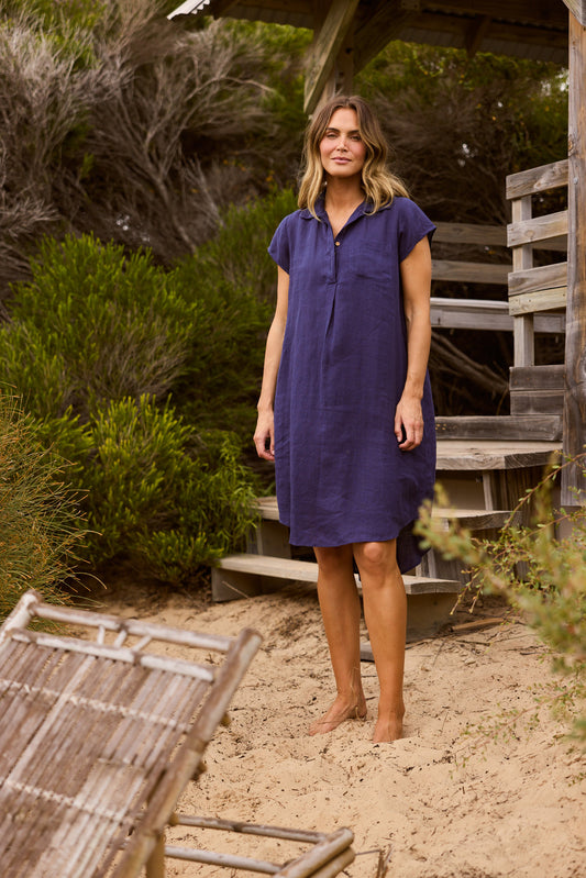 Ahoy Tunic Dress in Navy with collared neckline.