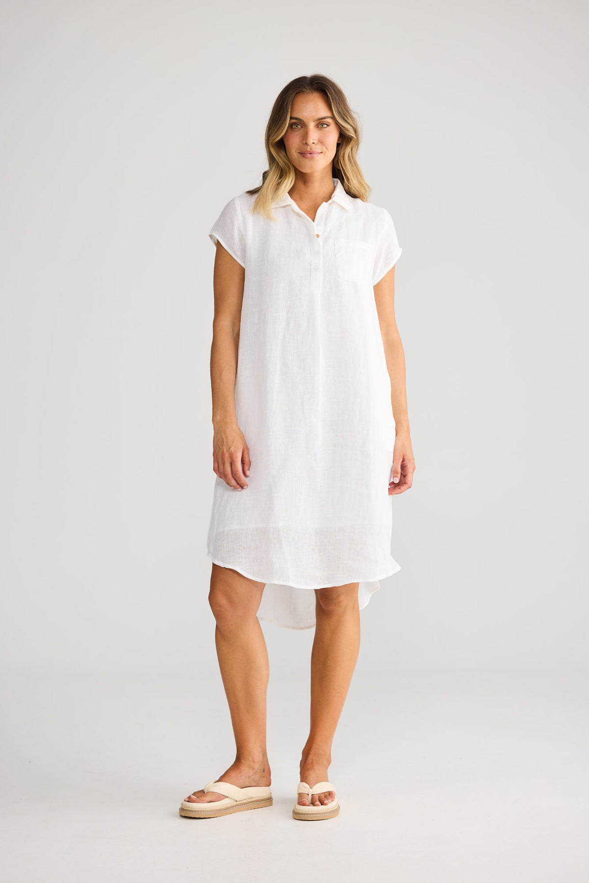 Model wearing Ahoy Tunic in white, front view.