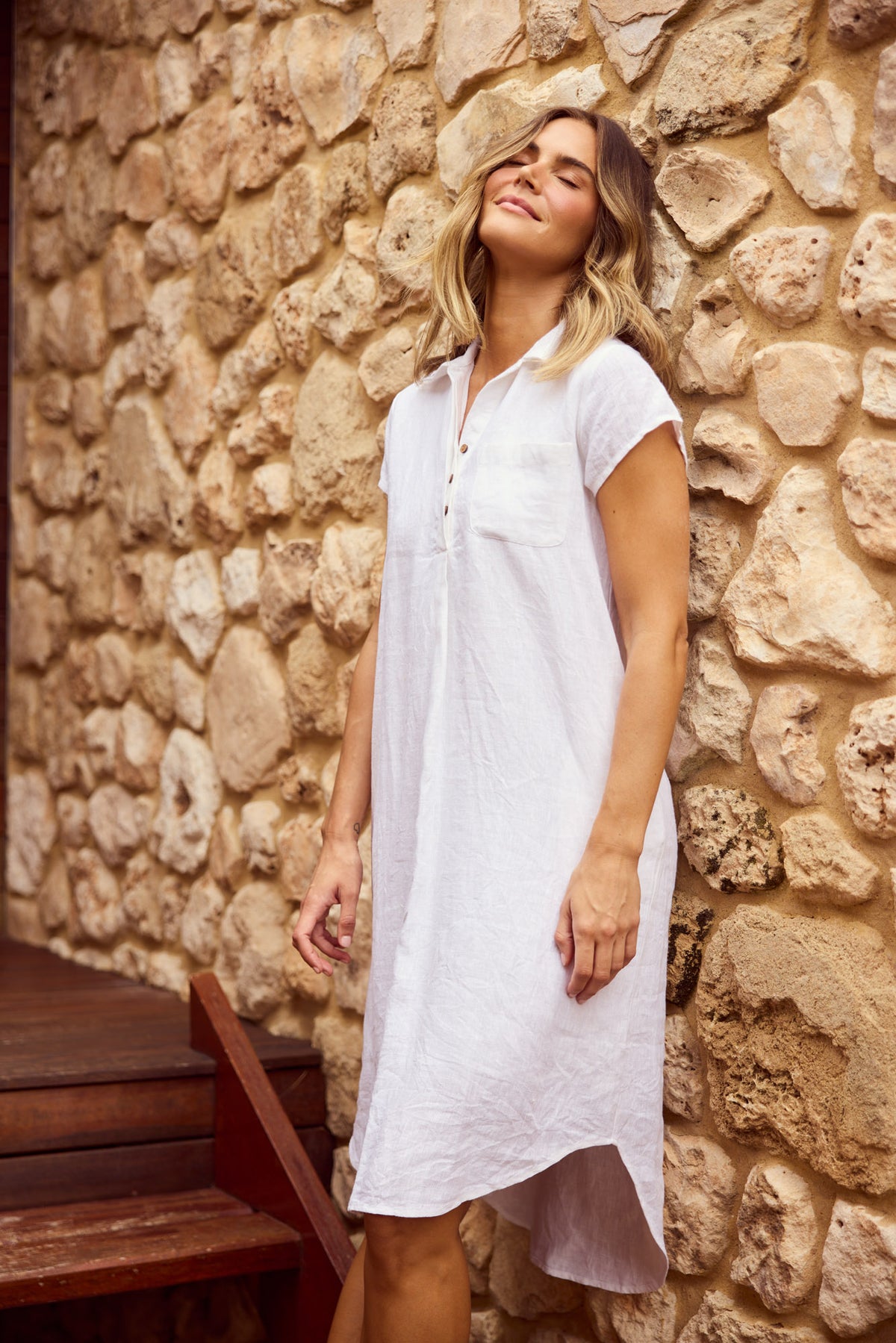Ahoy Tunic Dress in White with cap sleeves.